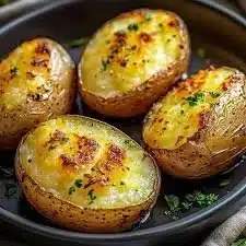 Perfectly baked potato with butter and chives on a plate