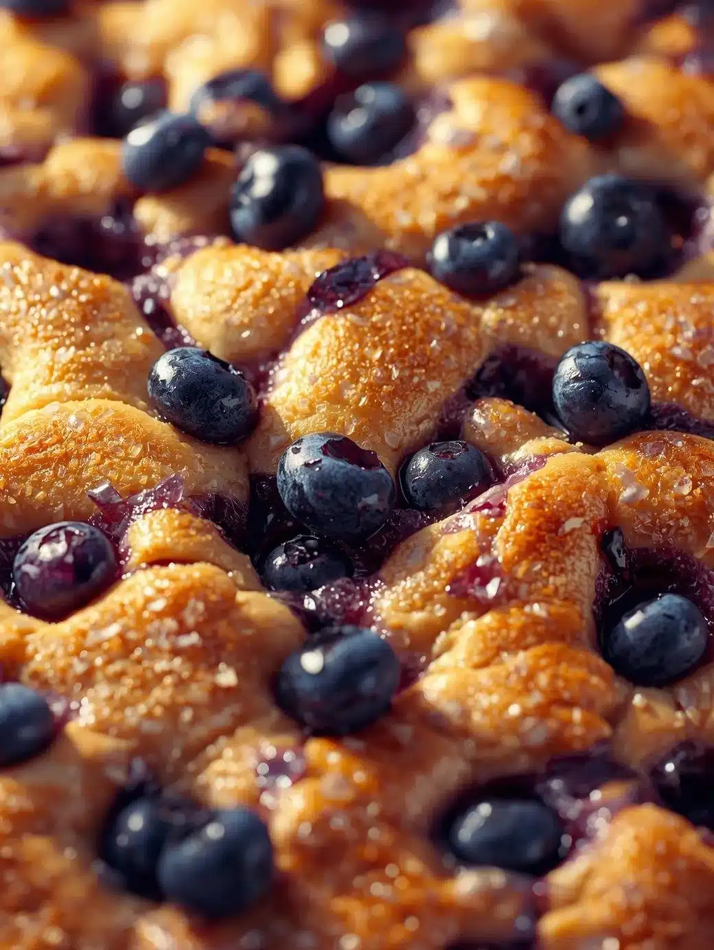 Blueberry breakfast cake topped with fresh blueberries and a sprinkle of sugar.