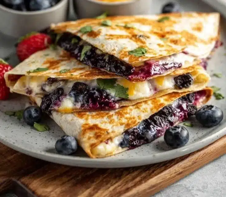 Blueberry breakfast quesadilla garnished with fresh blueberries and mint leaves