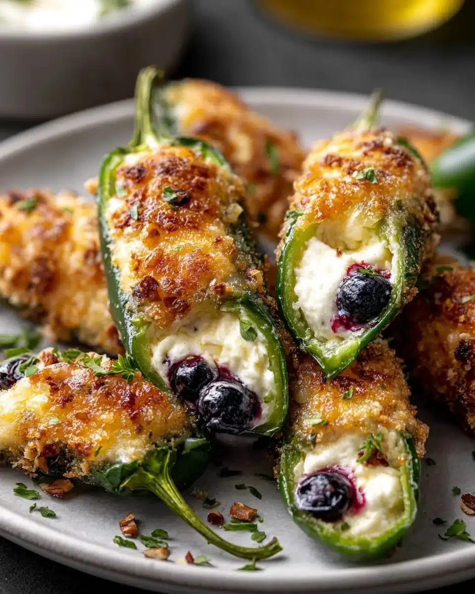 Blueberry Brie Jalapeño Poppers appetizer with melted cheese and jalapeños