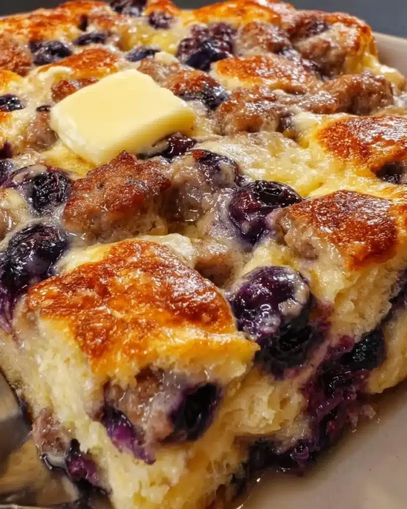 Blueberry sausage pancake casserole served in a dish with fresh blueberries on top