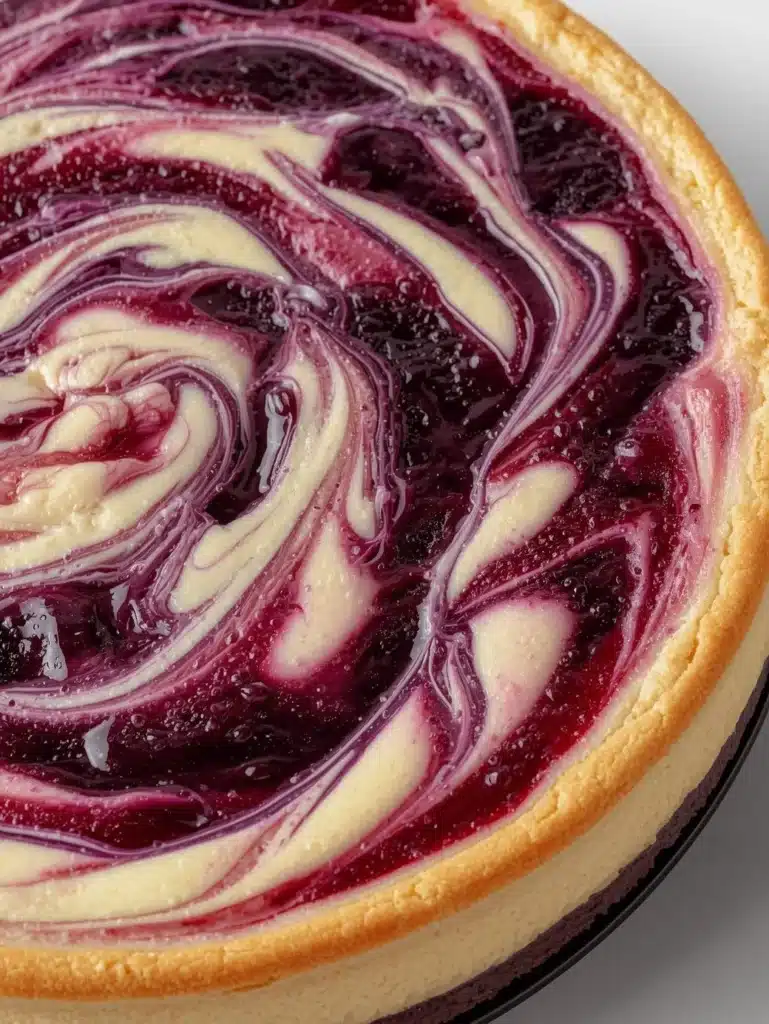 Delicious blueberry swirl cheesecake with fresh blueberries on top
