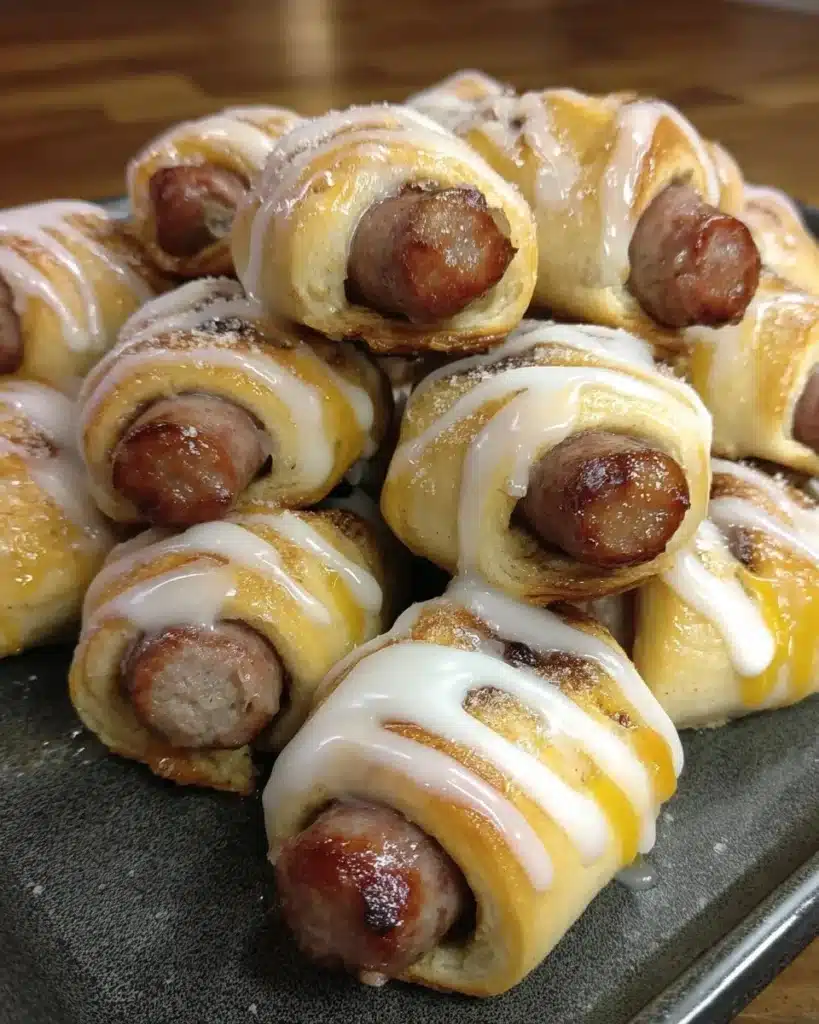 Breakfast pigs wrapped in fluffy cinnamon rolls ready to be enjoyed.