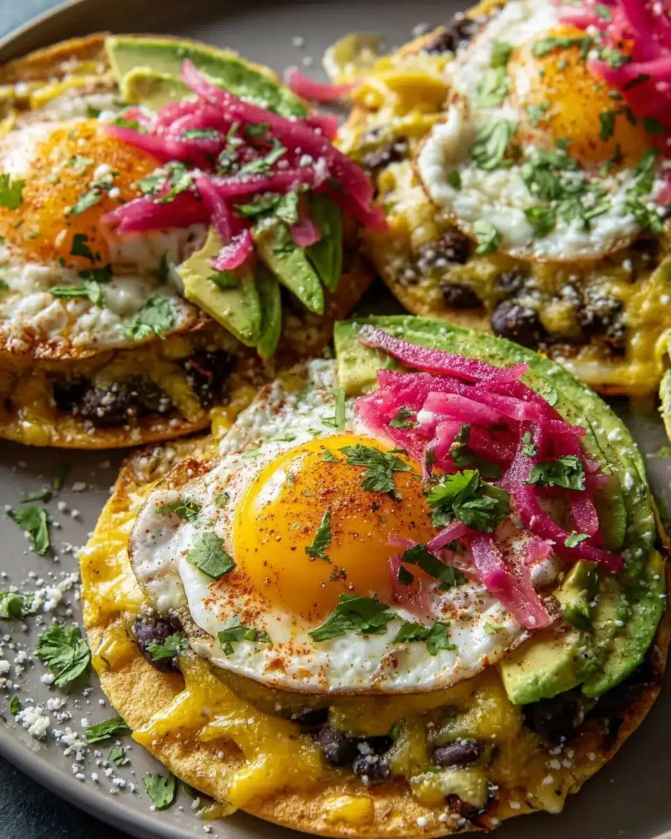 Healthy breakfast tostadas with eggs and avocado on a plate