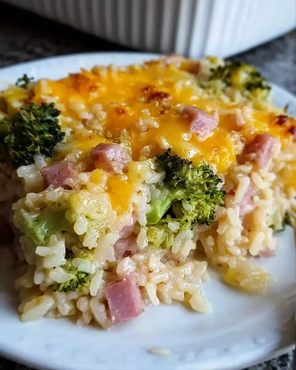 Delicious Broccoli Ham Rice Bake served in a casserole dish