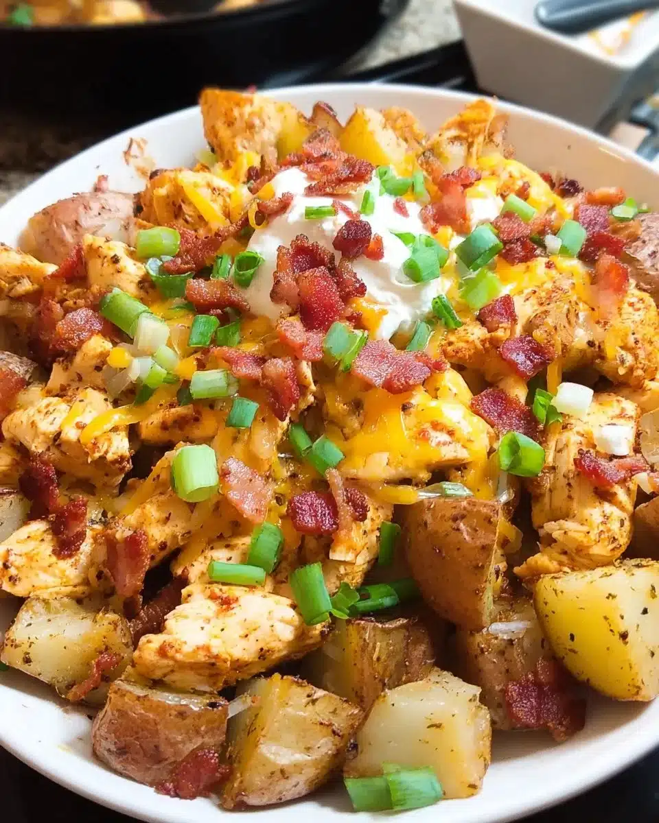 Cajun Chicken Loaded Potato Bake topped with cheese and herbs