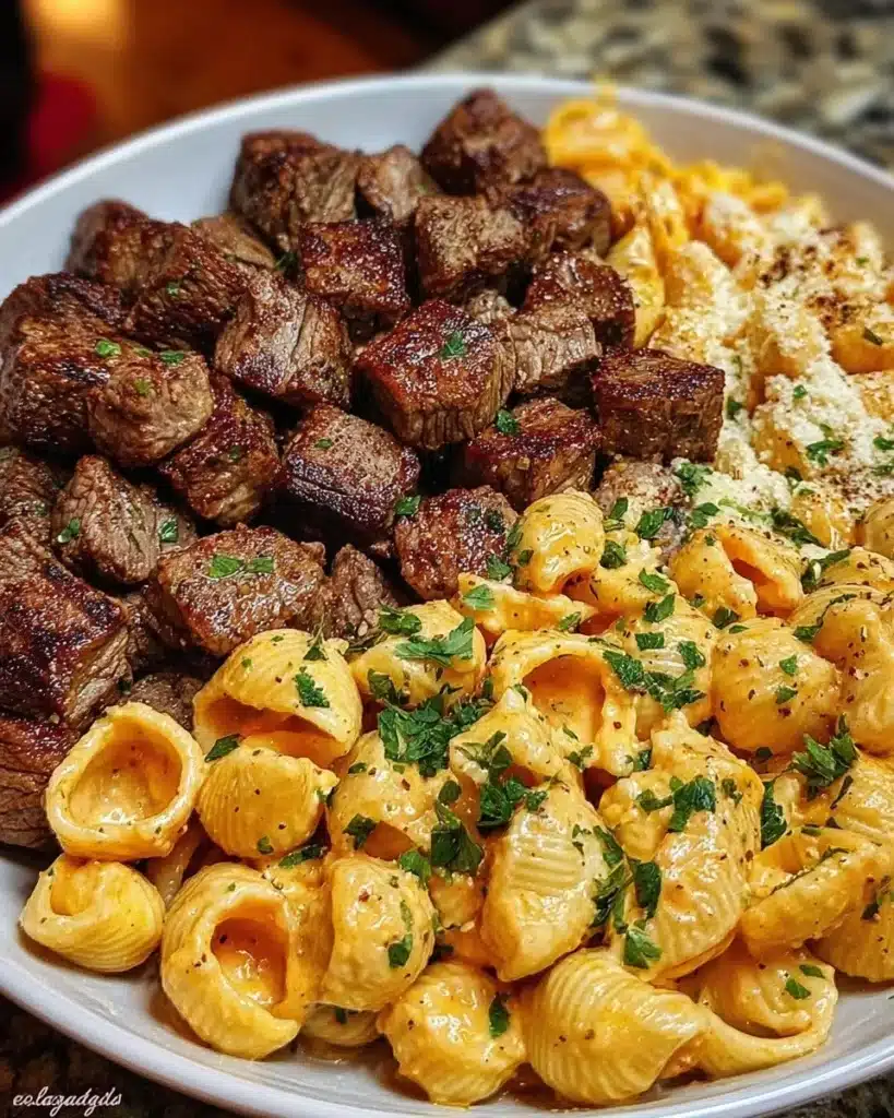Cajun Steak Bites served with Cheesy Garlic Shells in a skillet