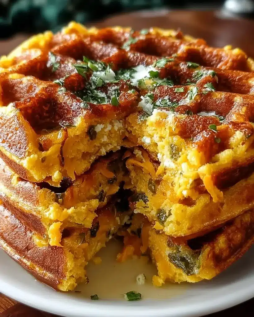 Delicious Cheddar Jalapeño Cornbread Waffles served with toppings