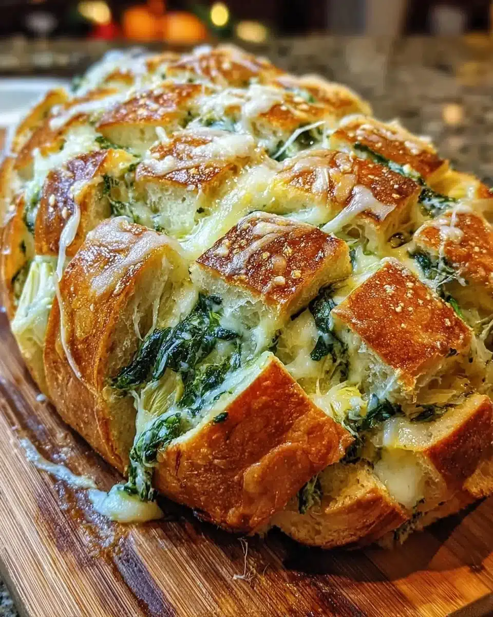 Cheesy spinach and artichoke pull-apart sourdough bread fresh out of the oven