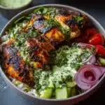 Chimichurri Grilled Chicken Bowl topped with garlic sauce and fresh herbs