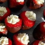 Chocolate covered cheesecake strawberries on a white plate