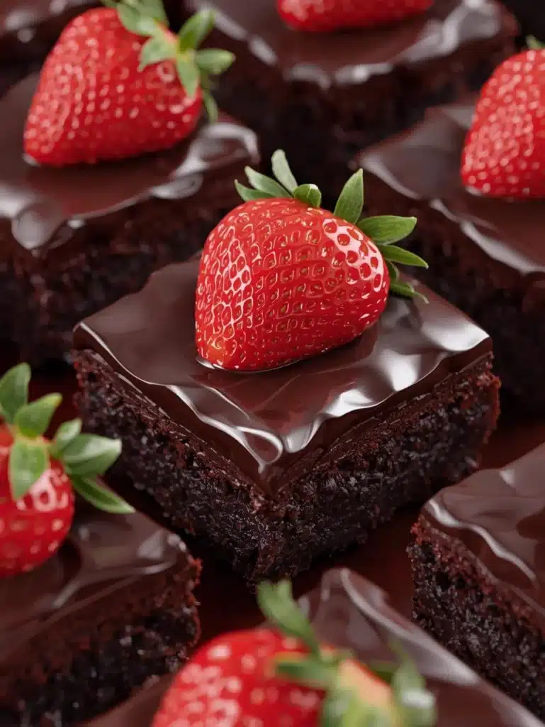 Delicious chocolate covered strawberry brownies topped with fresh strawberries.