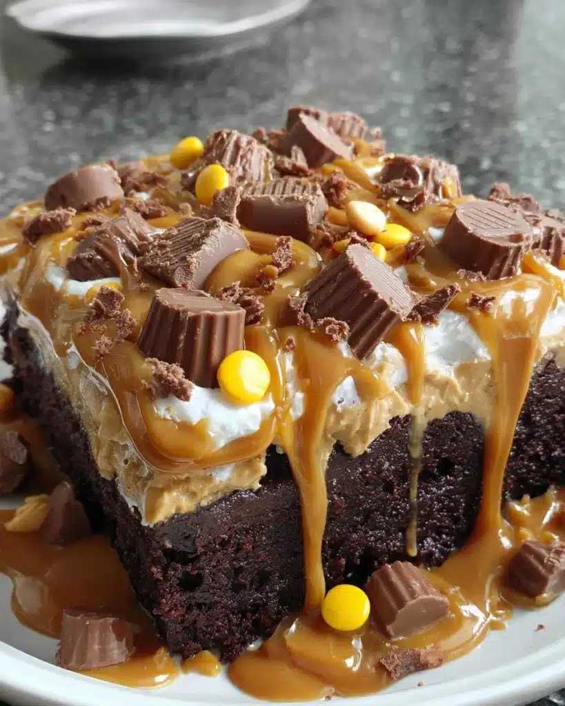 Delicious Chocolate Peanut Butter Poke dessert slice on a plate