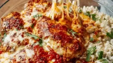 Cottage Cheese Chicken Parm Bowl served in a rustic dish with cheese and herbs
