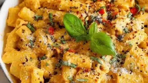 Creamy high-protein cottage cheese pasta served in a bowl with herbs