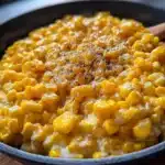 Creamy honey butter skillet corn in a cast iron skillet with herbs