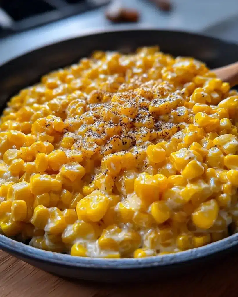 Creamy honey butter skillet corn in a cast iron skillet with herbs