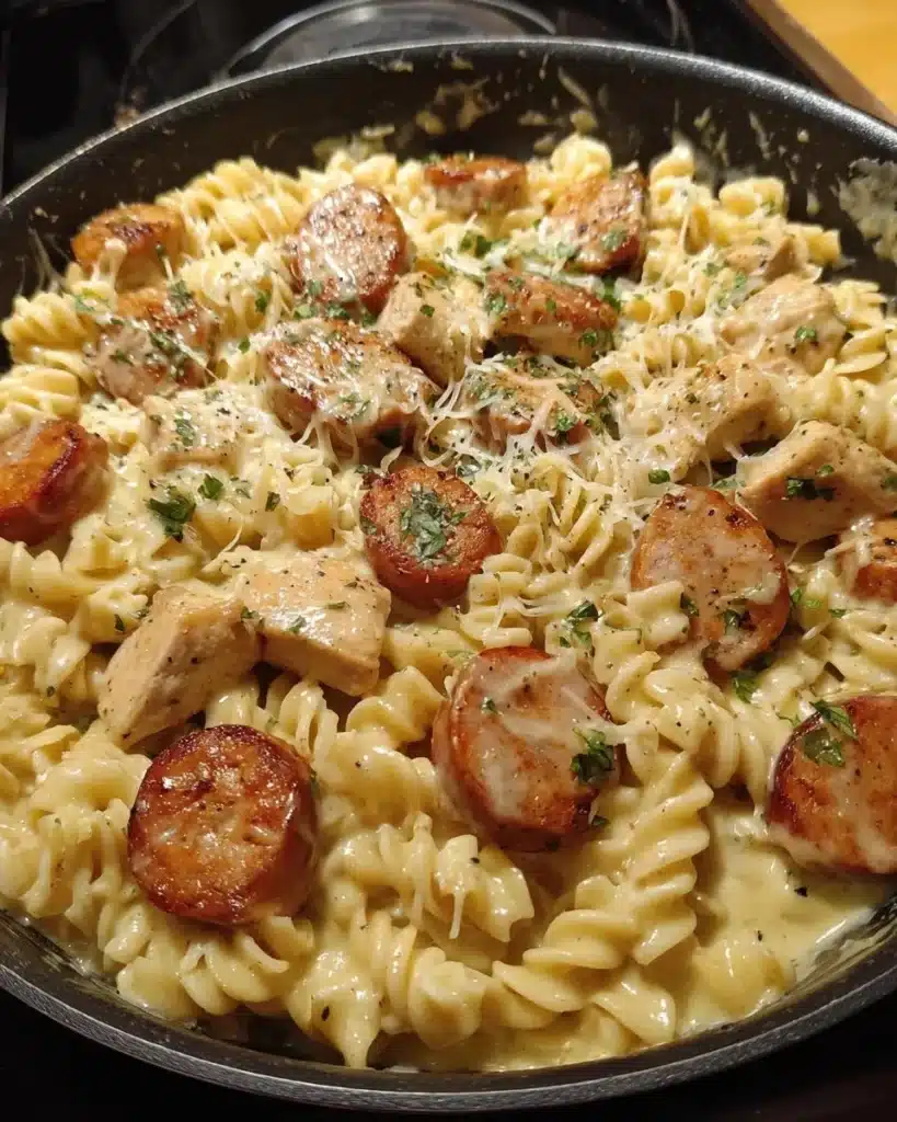 Creamy Pepper Jack Chicken and Sausage Pasta dish with vibrant ingredients