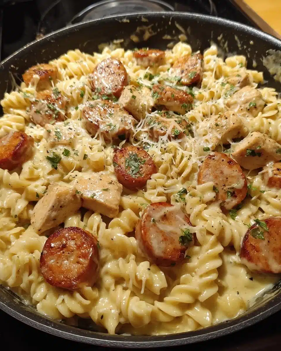 Creamy Pepper Jack Chicken and Sausage Pasta dish with vibrant ingredients