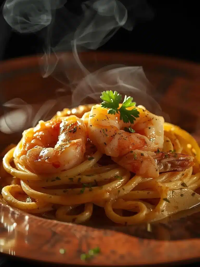 Creamy Tuscan shrimp linguine garnished with herbs and served in a bowl.