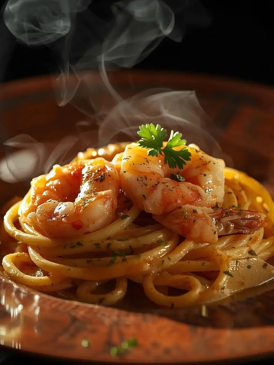 Creamy Tuscan shrimp linguine garnished with herbs and served in a bowl.