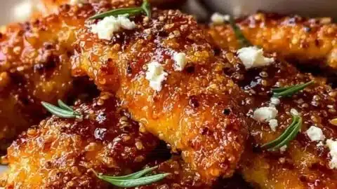 Crispy hot honey feta chicken served with herbs and spices.