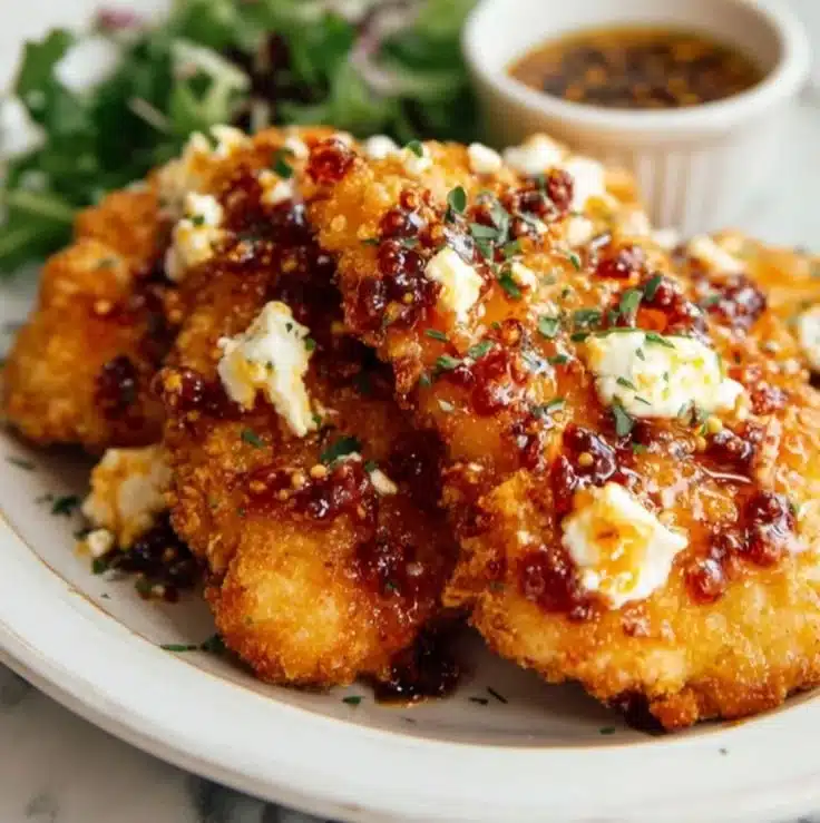 Crispy hot honey feta chicken garnished with herbs