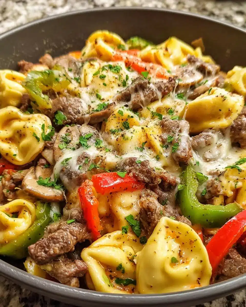 Crock Pot cheesesteak tortellini served in a bowl with garnishes.