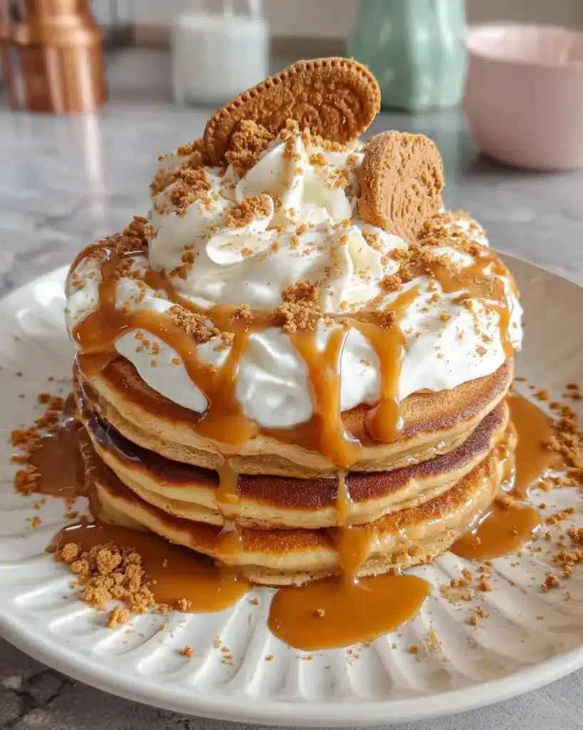 Decadent Biscoff pancake stack with whipped cream and caramel drizzle