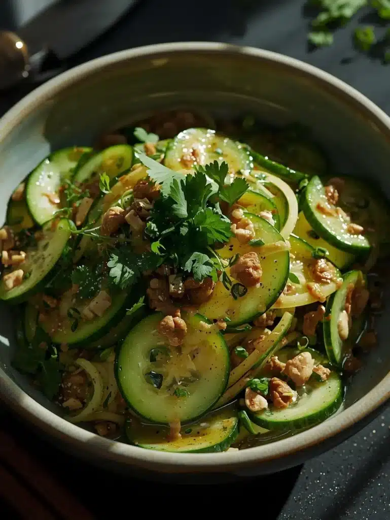 Bowl of easy Asian cucumber salad with fresh vegetables and dressing