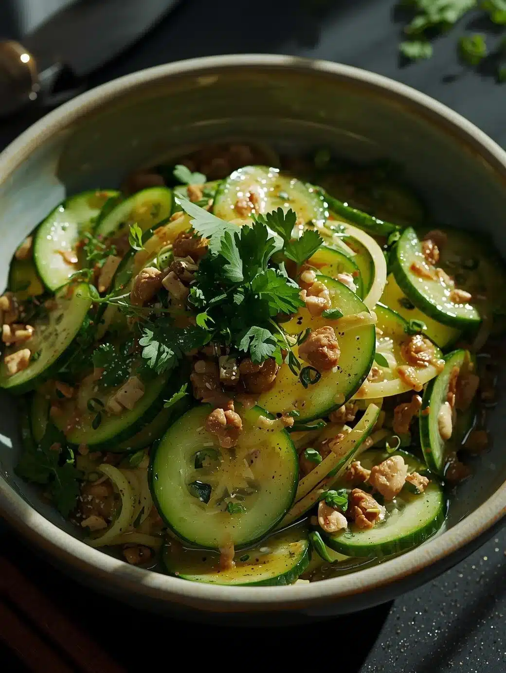 Bowl of easy Asian cucumber salad with fresh vegetables and dressing