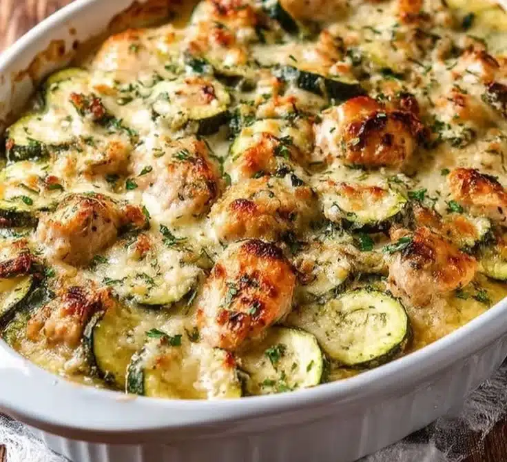 Easy chicken zucchini bake dish served on a plate with herbs and cheese
