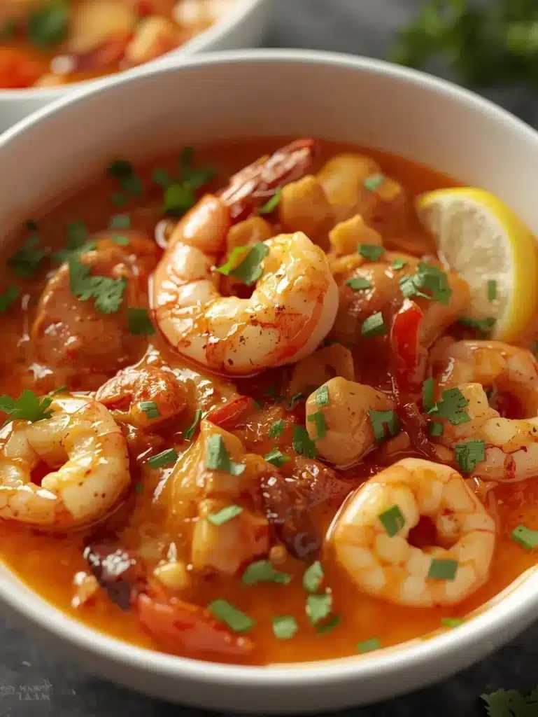 Bowl of creamy seafood chili with shrimp and garnishes