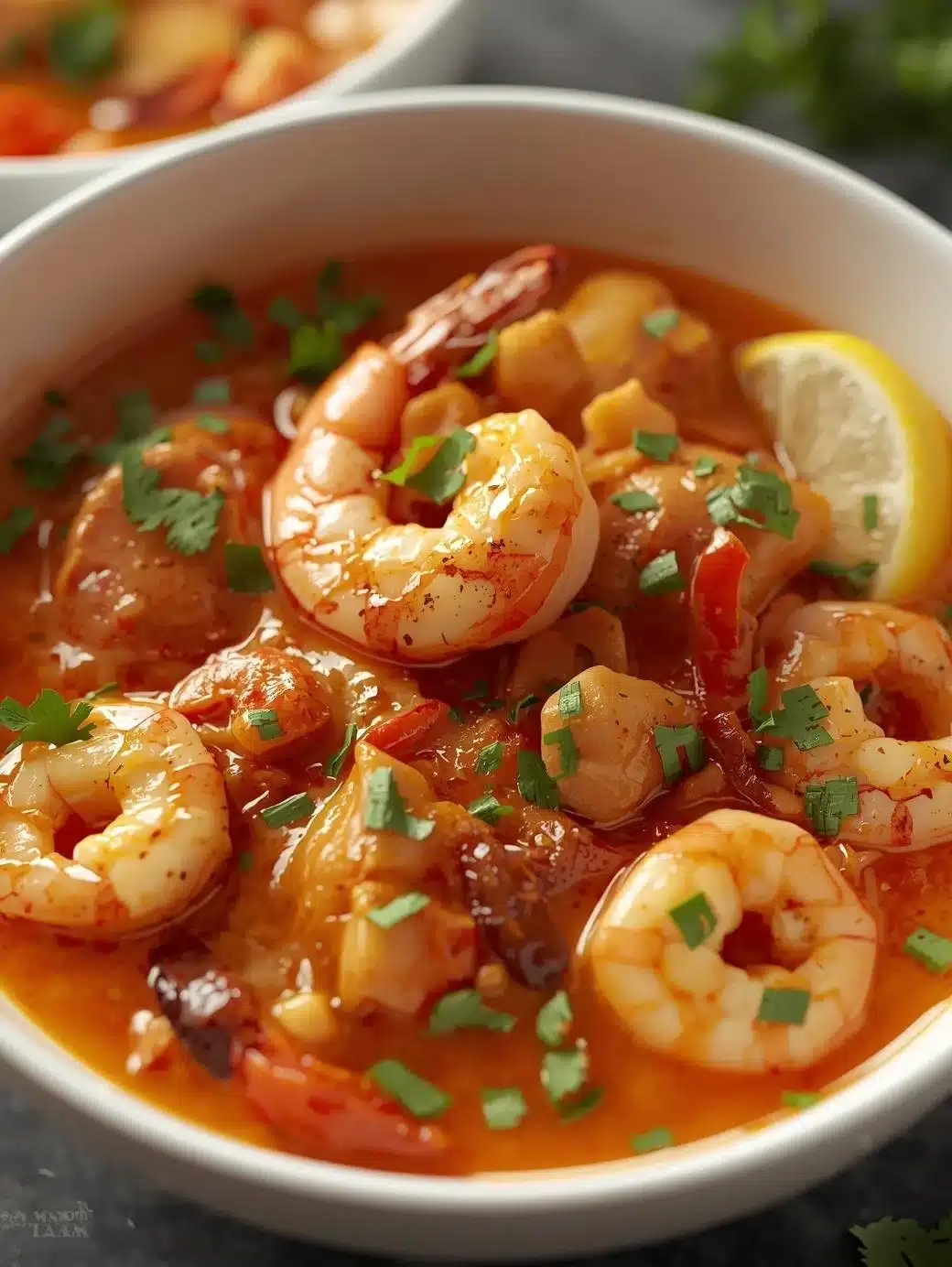 Bowl of creamy seafood chili with shrimp and garnishes