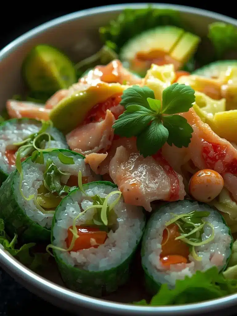 Flavorful California Roll Cucumber Salad with crab, cucumbers, and avocado