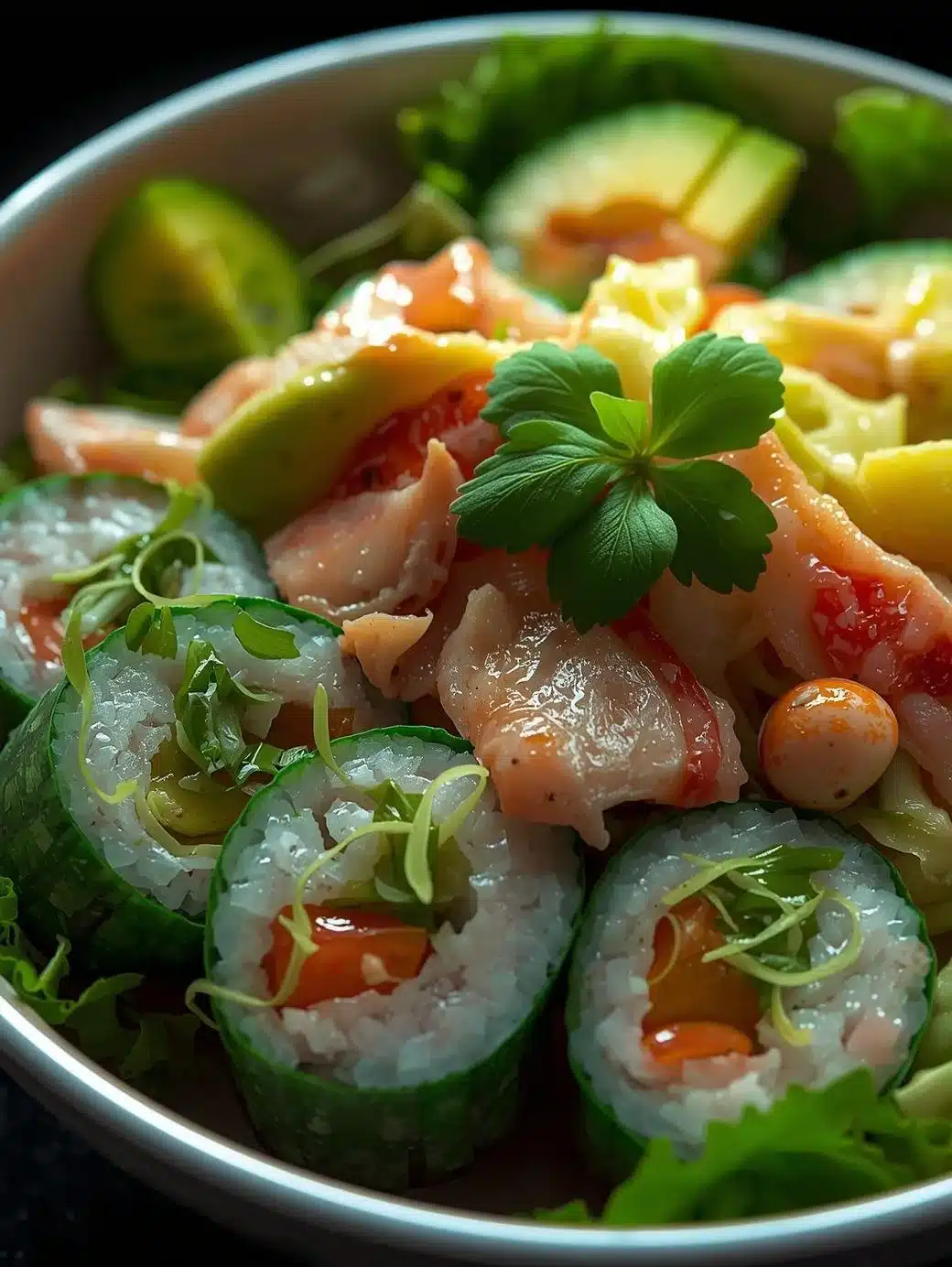Flavorful California Roll Cucumber Salad with crab, cucumbers, and avocado