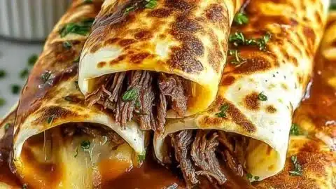 French Dip Tortilla Roll Ups with savory beef and melted cheese wrapped in tortillas