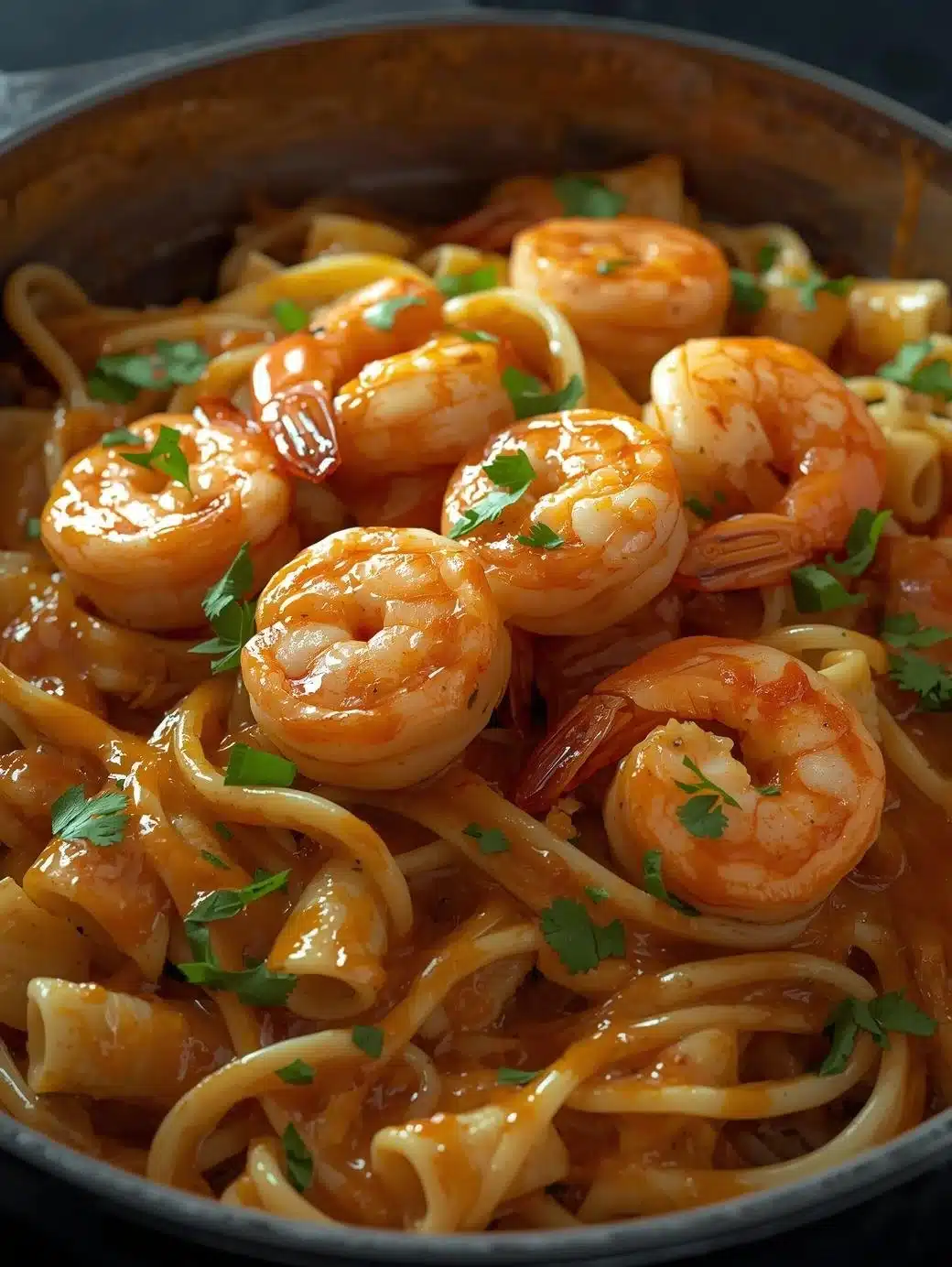 Delicious Garlic Butter Shrimp Pasta plated with fresh parsley and lemon slices