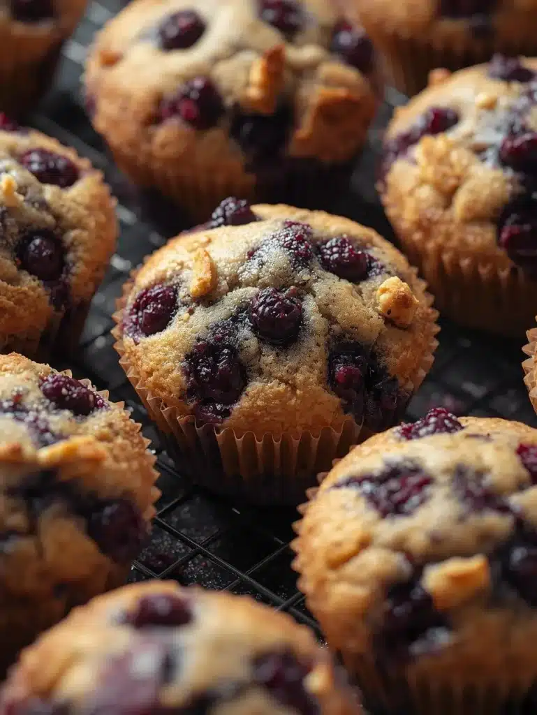 Freshly baked gluten free blueberry muffins on a cooling rack