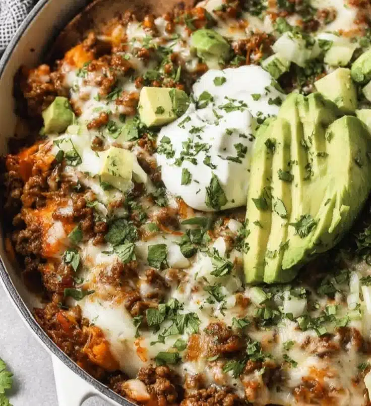 Ground Beef Enchilada Skillet with melted cheese and toppings
