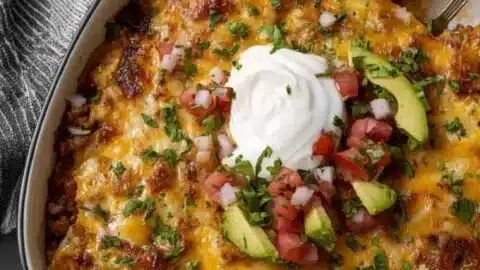 Ground Chicken Taco Casserole topped with cheese and fresh vegetables
