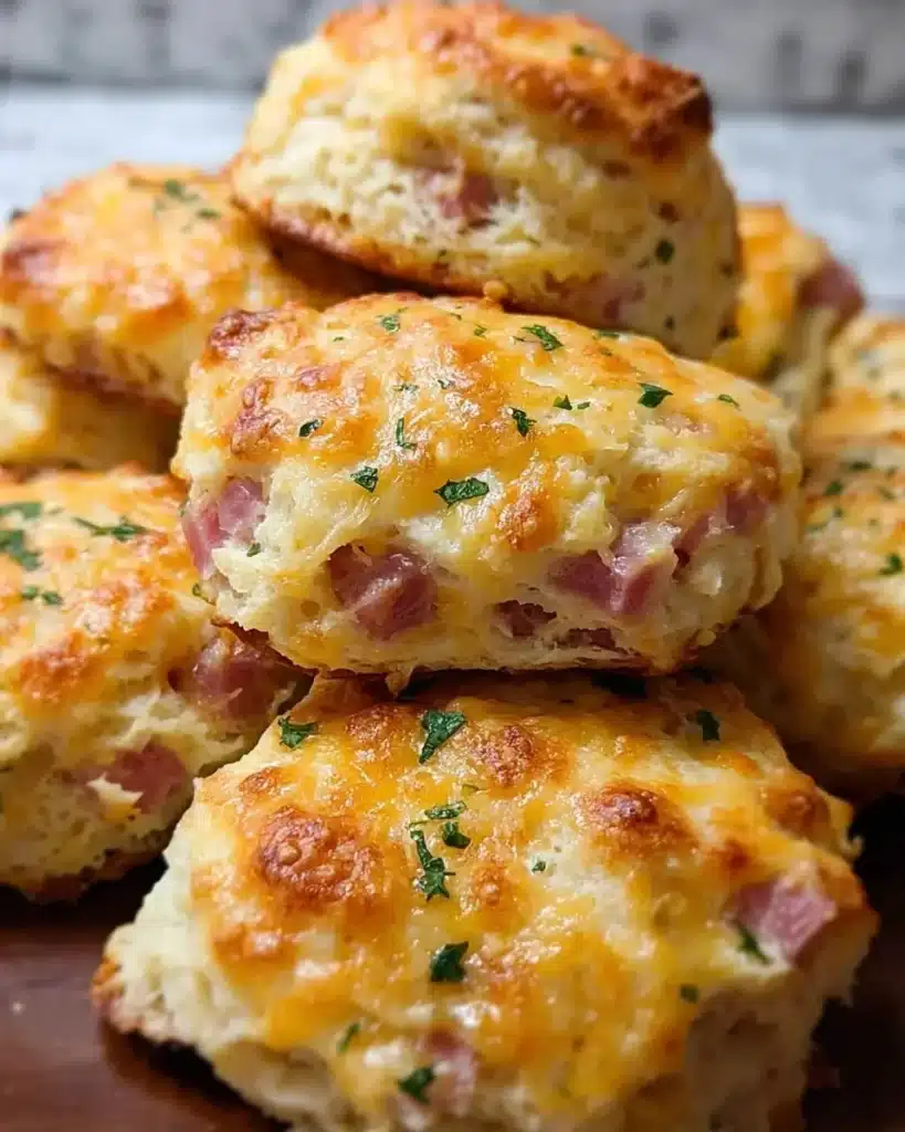 Ham and cheese butter swim biscuits served on a plate.