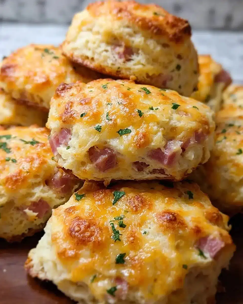 Ham and cheese butter swim biscuits served on a plate.