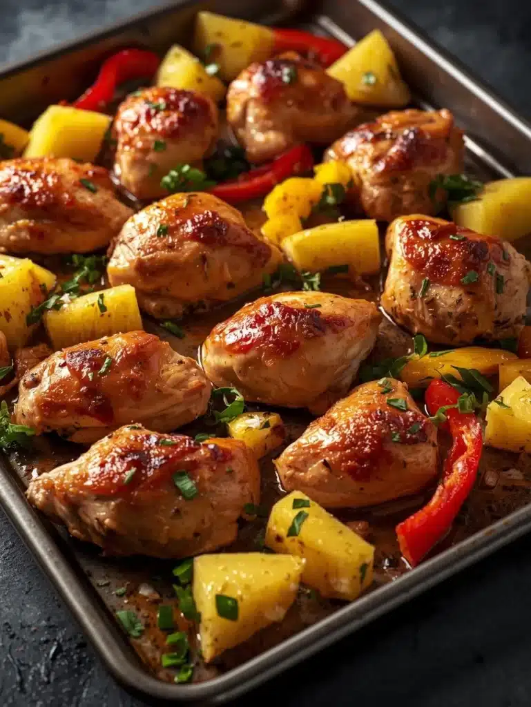 Hawaiian Chicken Sheet Pan with colorful vegetables and tropical garnish