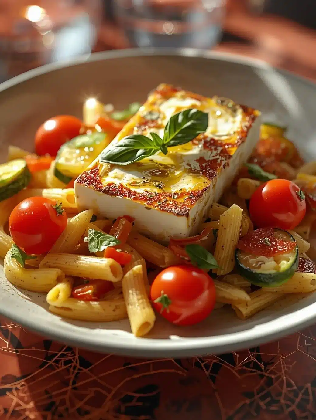 Healthy baked feta pasta with vegetables in a serving dish