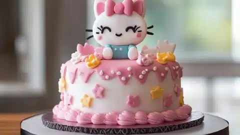 Delicious Hello Kitty cake decorated with pink icing and fondant