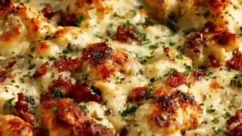 High protein chicken bake served on a plate with vegetables