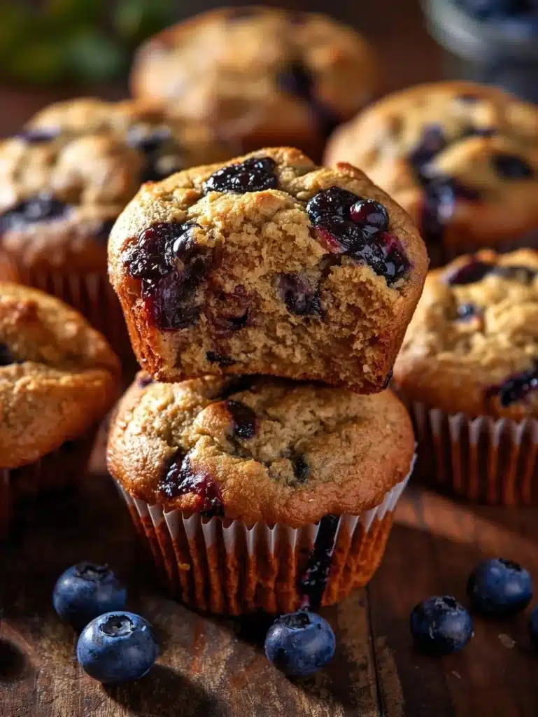 High protein cottage cheese blueberry muffins on a wooden table