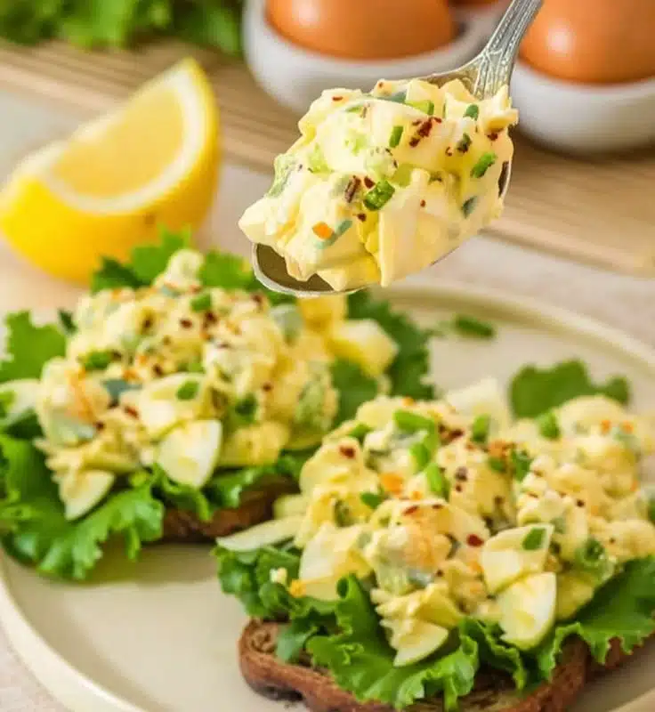 High protein cottage cheese egg salad in a bowl with fresh herbs and ingredients