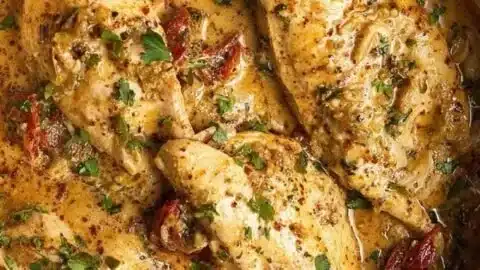 High Protein Crockpot Marry Me Chicken served with vegetables